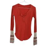 Free People  Thermal Ski Lodge Top Orange Waffle Knit Crochet Cuffs Size Sz SP Photo 2