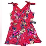 EXPRESS Red and Pink Floral stretch Romper with Tie Straps Photo 0