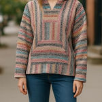 Tan and Pink Striped Sweatshirt Baja Style Mexican Poncho Hoodie Drug Rug Tan Photo 0