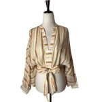 Anthropologie ‎ Shirt Women Ivory Striped Cotton Batwing Sleeve Tie Front Blouse Photo 1
