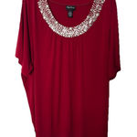 Maggie Barnes  Red Knit Top 4x Embellished Silver Neckline Photo 0