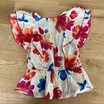Skies Are Blue  - Floral Print Ruffle Short Sleeve Round Neck Peplum Top in White Photo 4