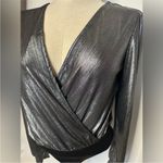 Good Luck Gem NWT  Silver Metallic Puffy Long Sleeve Open Back Blouse
Bodysuit S Photo 0
