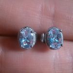 Simulated Blue and White Diamond Silvertone Brass Stud Earrings Photo 0