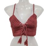 American Eagle  Cropped Fit Crochet Knit Top Tassel Tie Front Rust Brown Small Photo 0
