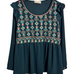 Savanna Jane Boho Top Women 2X Plus Size Emerald Green Ruffle Holiday Aztec Photo 0