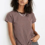 Madewell NEW  Whisper Cotton Rib-Crewneck Tee Stripes Brown Purple Women’s Small Photo 0