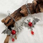 Gothic Bat Wing Vibrant Red Synthetic‎ Gemstone Drop Earrings Silver Plated Photo 6