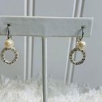 Silver Pearl Tiny Rhinestone Ear Hook Earrings Vintage 1" Long Photo 0