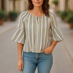 Zac & Rachel Petite Bell Sleeve Blouse Size Large Vertical Stripe Black & White Photo 12