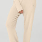 Alo Yoga  Salana Knit High Waist Wide Leg Ribbed Pants Macadamia XS $168 Photo 0