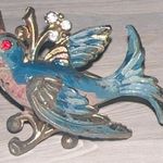 Vintage 50's BIRD RING Size 5 Enamel & Rhinestones Blue Pink Photo 0