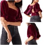 Free People Marie Velvet Open Back Crop Top Balloon Sleeves Red Small NWT Photo 1