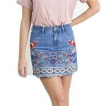 Umgee Skirt Denim Embroidered Birds Floral Small Photo 0