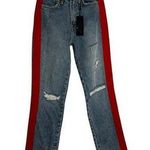 Carmen Straight Thrashed Distressed High Rise Red Tuxedo Stripe Denim Blue Jeans Size 23 Photo 0