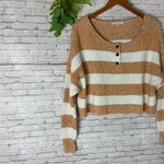 American Eagle  Neutrals Bold Stripe Cropped Henley Knit Sweater Photo 1