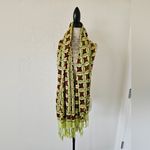 Lime Green Geometric Pattern Red Stars Neck Wide Scarf Shawl with Fringe Photo 1