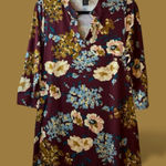 Lildy Printed V Neck 3/4 Sleeve Band Collar Tunic Dress Burgundy Floral SM # Brown Size undefined Photo 0