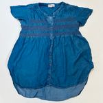 Knox Rose XS Blouse Short Flutter Sleeve Smocked V Neck Blue Chambray Size L Photo 4