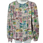 Vintage 80s Gray Rainbow Blue Pink Swirl Satin Scoop Neck Blouse size 10 / M Size M Photo 1