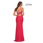 La Femme ‎ PROM 30444 In Hot Coral Ruched Draped Neckline Lace Up Strappy Back Photo 2