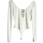 Alice + Olivia  Ecru Crystal-Embellished Scoop Neck Cutout Crepe Bodysuit Small Photo 3