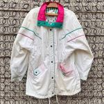 Vintage 90s New York girl teal and hot pink accent geometric coat LARGE White Photo 0
