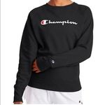 Champion Powerblend Fleece Pullover Sweatshirt Black Boyfriend Crew Logo Script Photo 0