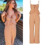 Saylor  Anthropologie Laken Sleeveless Jumpsuit Apricot Gingham Plaid Photo 1