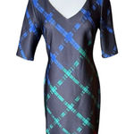 Womens Just Taylor Black Plaid Print Chic Knit Pencil V Neck Dress Photo 0