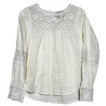 SEA NY Embroidered Blouse 100% Cotton Long Sleeve Pleated Scoop Neck Cream 0 Photo 1