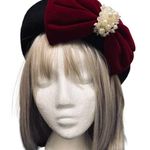 French Style Black Beret with Red Bow Pearl Ribbon Bow NWOT Photo 0