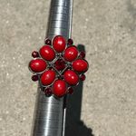 Vintage Natural Italian Red Flower Ring Silver Tone Ring Sz 8” Southwest Style Photo 3