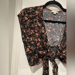 American Eagle  Size S Black Floral Cap Sleeve Front Tie Smocked Waist Crop Top Photo 3