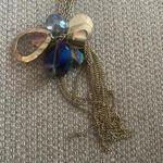 Gold chain long boho necklace blue and gold stones tassel bottom Photo 2