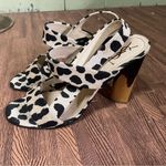 Yves Saint Laurent Heeled Sandals Size 39.5 Leopard Cow Print Canvas Wood‎ Heel Black Photo 1