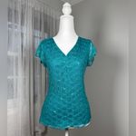 Wrapper Vintage Y2K  Teal Sequined V-Neck Short Sleeve Blouse Photo 1