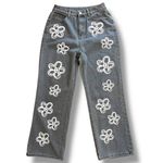 EUC Romwe High Rise Straight Legged Denim Jeans Flower Print Design Sz M (US 6) Blue Photo 1