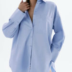 ZARA  blue oversized satin effect button down shirt women’s size XS Photo 0