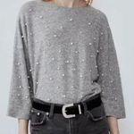 ZARA Gray Pearl Embellished Drop Shoulder ¾ Sleeve Knit Top Size Medium Photo 0