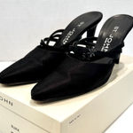 St. John  Satin Pumps Floral Rhinestones Women's‎ 7B Black Strappy Mule Vintage Photo 0