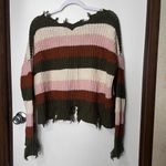 Wonderly  Distressed Striped V-Neck Sweater - Olive, Pink, Brown Photo 1