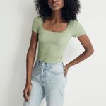 Madewell Popcorn White Square Neckline Ribbed Cropped Cap Sleeve Top Size Large Photo 1