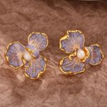 Golden Enamel Pearl Flower Earrings | French Vacation Style | NWT Gold Photo 4