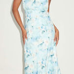 Lulus NWT  Distinctive Charm Blue Floral Satin Asymmetrical Midi Dress Party XS Photo 0