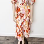 [Vafadress] Orange Abstract Floral Print Smocked Tiered Midi Dress NWT Sz Medium Photo 8