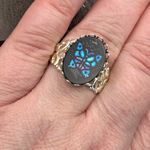 Vintage Glass Blue Butterfly Cabochon Stainless Steel Filigree Adjustable Ring Photo 6