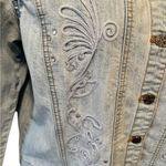 Chico's Chico’s Denim Stretch Jean Jacket Sz 1/M Embroidered Rhinestone Bling Button Up Photo 4