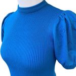 Vintage 60’s mixed knit fit and flare poof sleeve sweater dress blue small Blue Photo 3