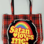 Handmade Red Black Plaid Checkered ‘Satan Loves Me’ Punk Patch Leather Studded Spiked Tote Shoulder Bag Pocketbook Purse Handbag Satchel 😈🌈 Photo 0